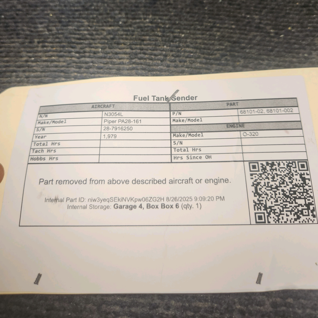 Used aircraft parts for sale, 68101-02 Piper PA28-161 Fuel Tank Sender