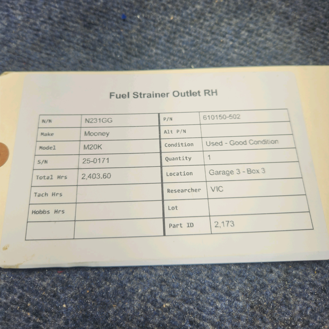 Used aircraft parts for sale, 610150-502 Mooney M20K FUEL STRAINER OUTLET RH