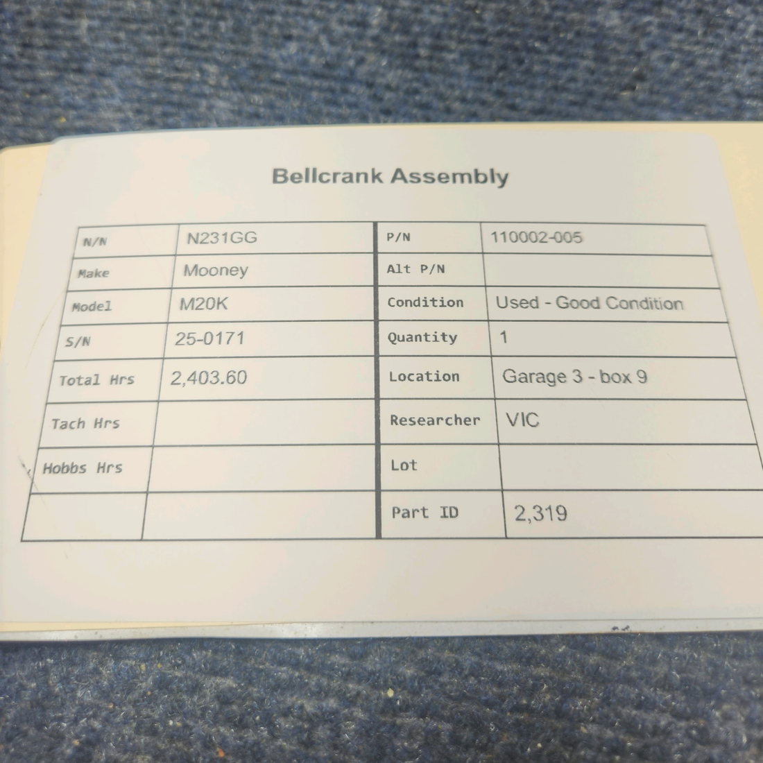 Used aircraft parts for sale, 110002-005 Mooney M20K BELLCRANK ASSEMBLY