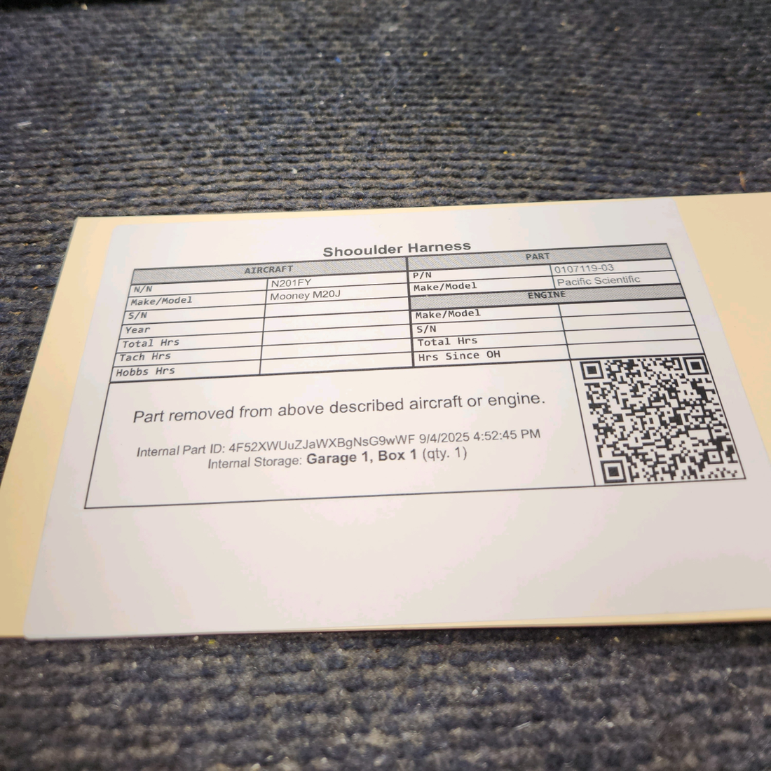 Used aircraft parts for sale, 0107119-03 Pacific Scientific Mooney M20J Shoulder Harness