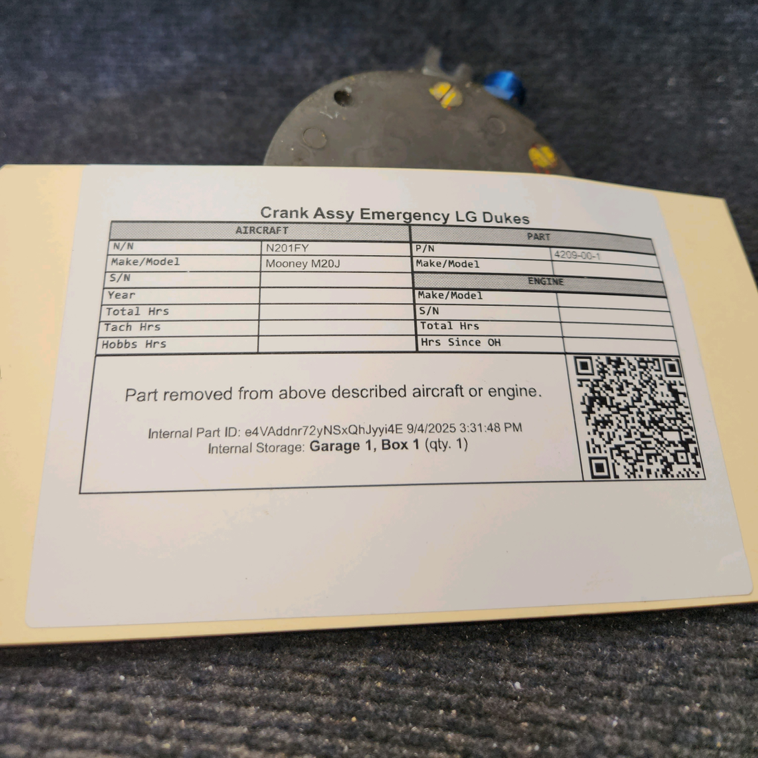 Used aircraft parts for sale, 4209-00-1 Mooney M20J Emergency Landing Gear Crank Assembly – Dukes