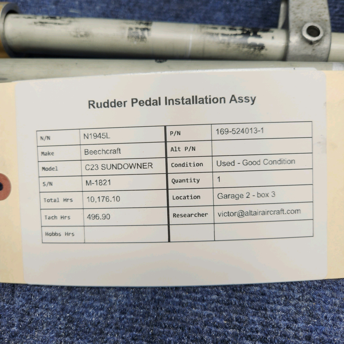 Used aircraft parts for sale, 169-524013-1 Beechcraft C23 SUNDOWNER RUDDER PEDAL INSTALLATION ASSY