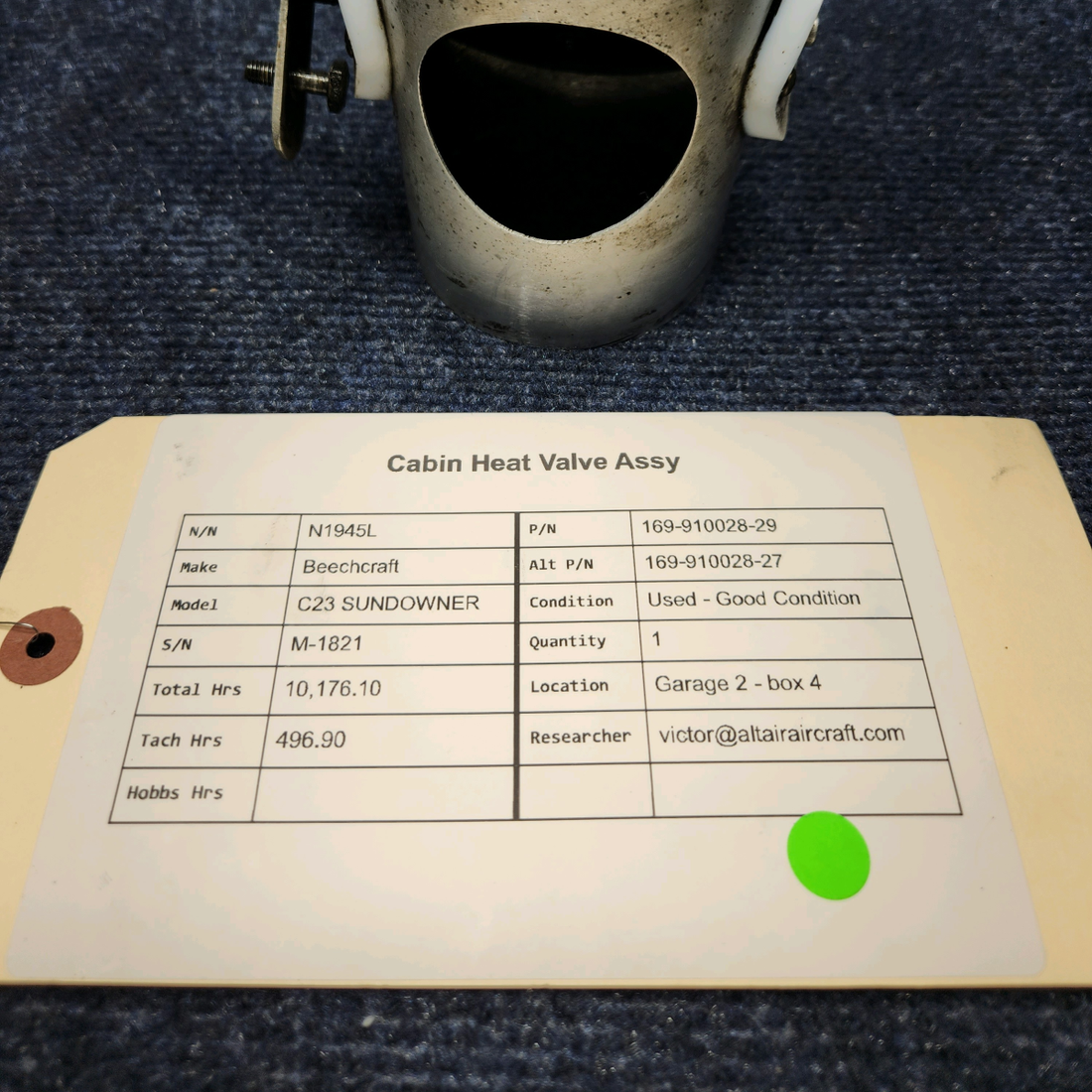 Used aircraft parts for sale, 169-910028-29 Beechcraft C23 SUNDOWNER CABIN HEAT VALVE ASSY
