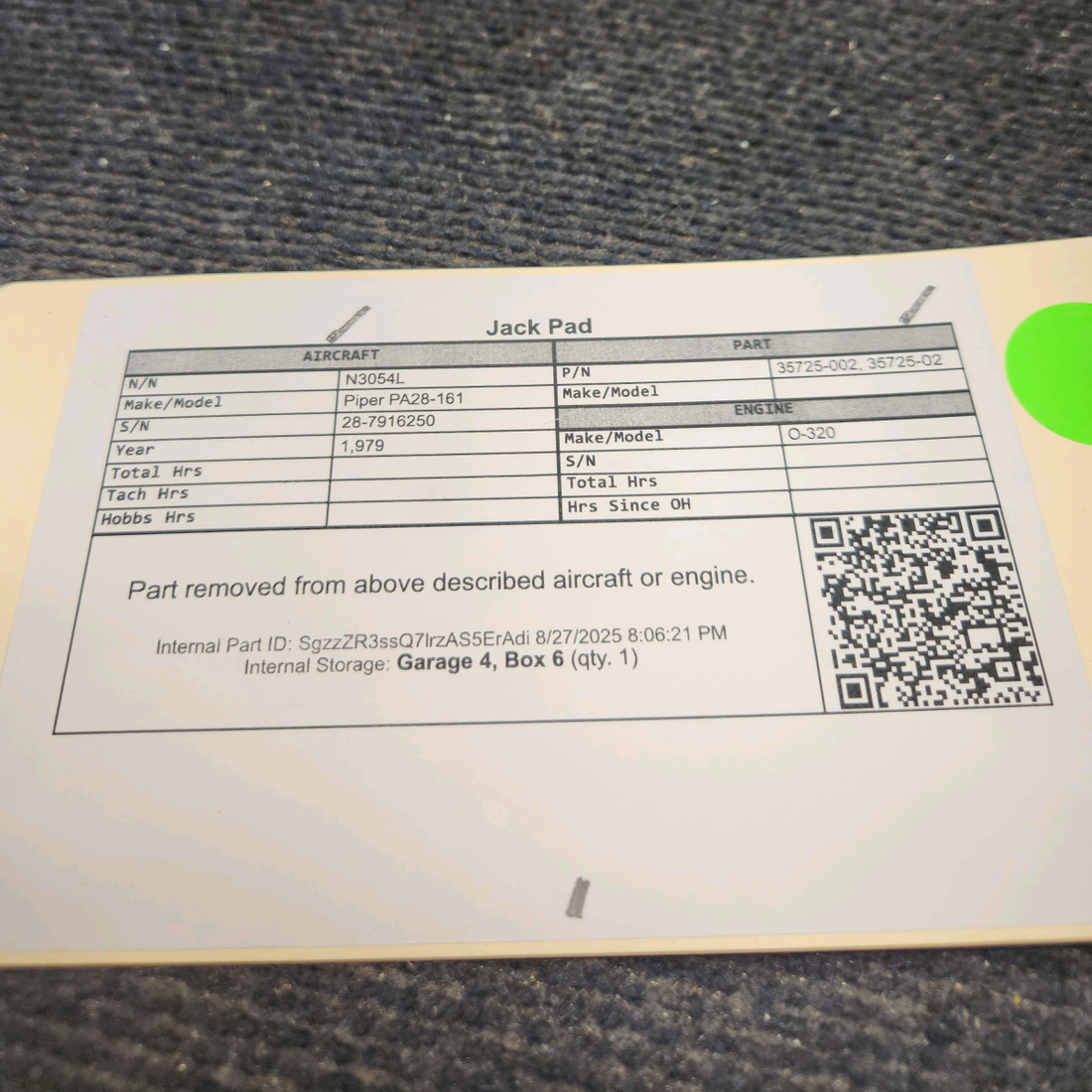 Used aircraft parts for sale, 35725-002 Piper PA28-161 Jack Pad