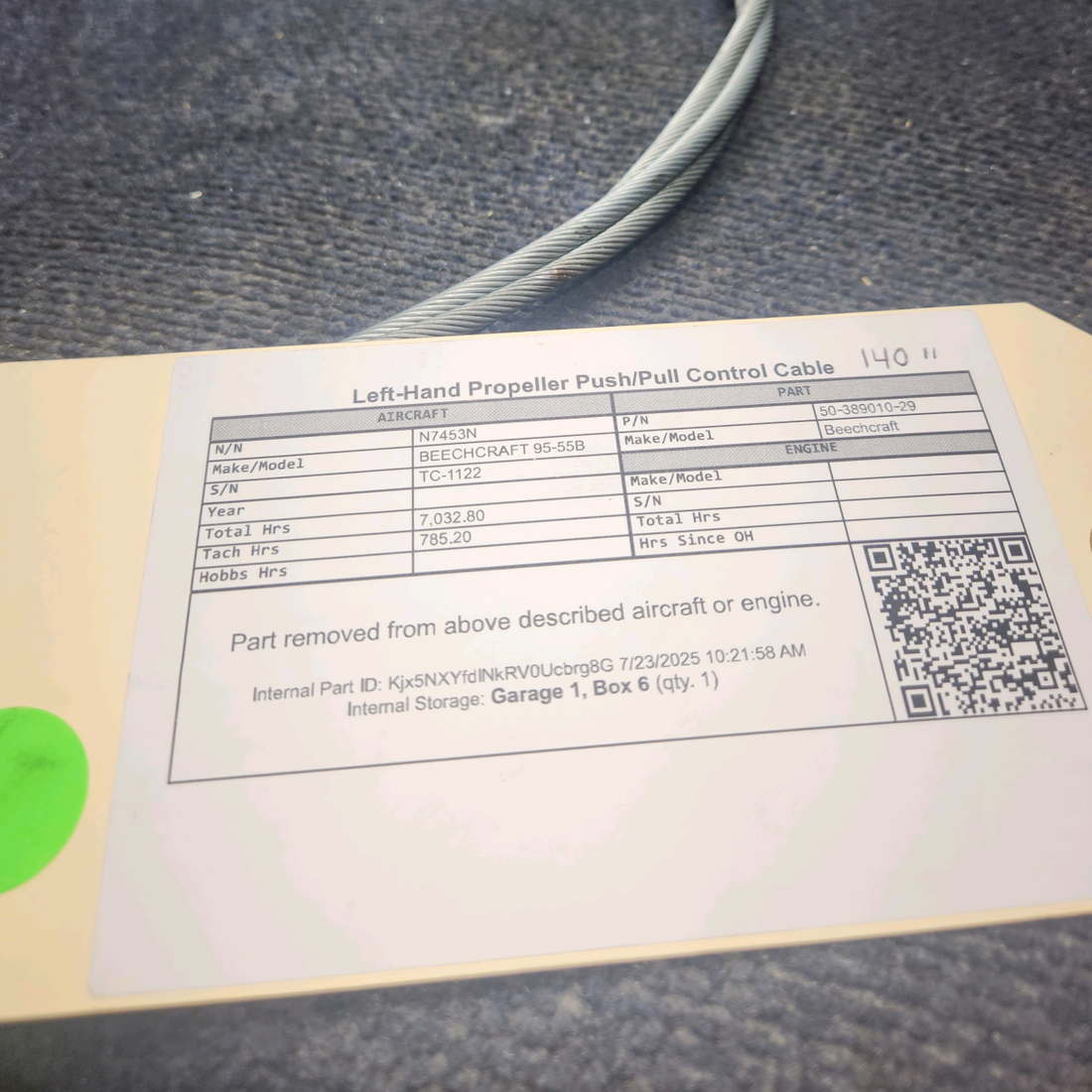 Used aircraft parts for sale, 50‑389010‑29 BEECHCRAFT 95-55B Left-Hand Propeller Push/Pull Control Cable 140"