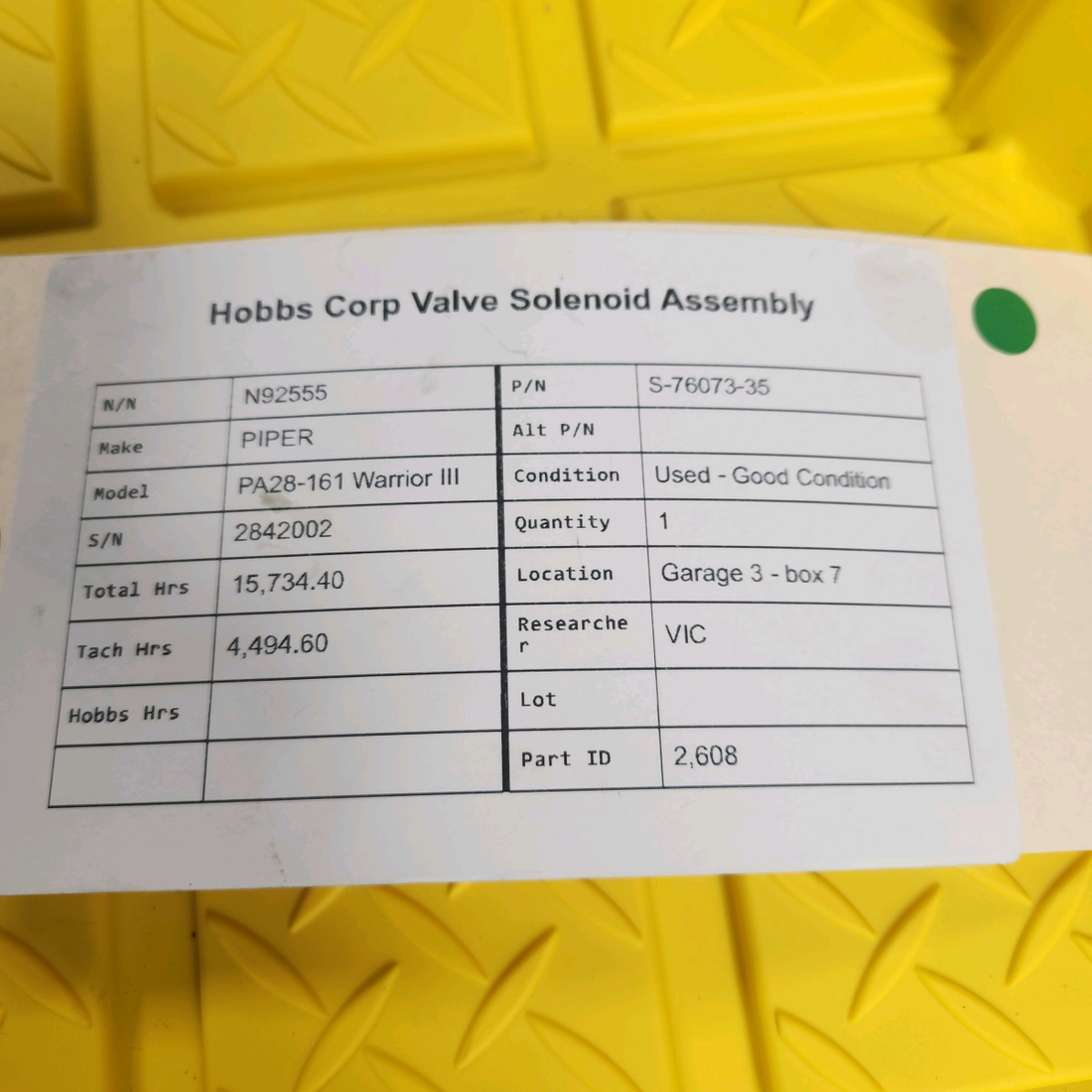 Used aircraft parts for sale, S-76073-35 PIPER PA28-161 Warrior III HOBBS CORP VALVE SOLENOID ASSEMBLY