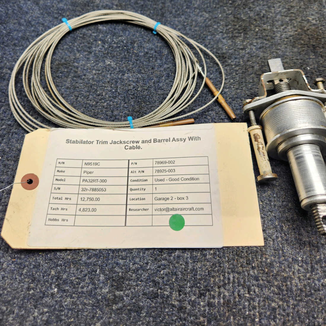 Used aircraft parts for sale, 78969-002 Piper PA32RT-300 STABILATOR TRIM JACKSCREW AND BARREL ASSY WITH CABLE.