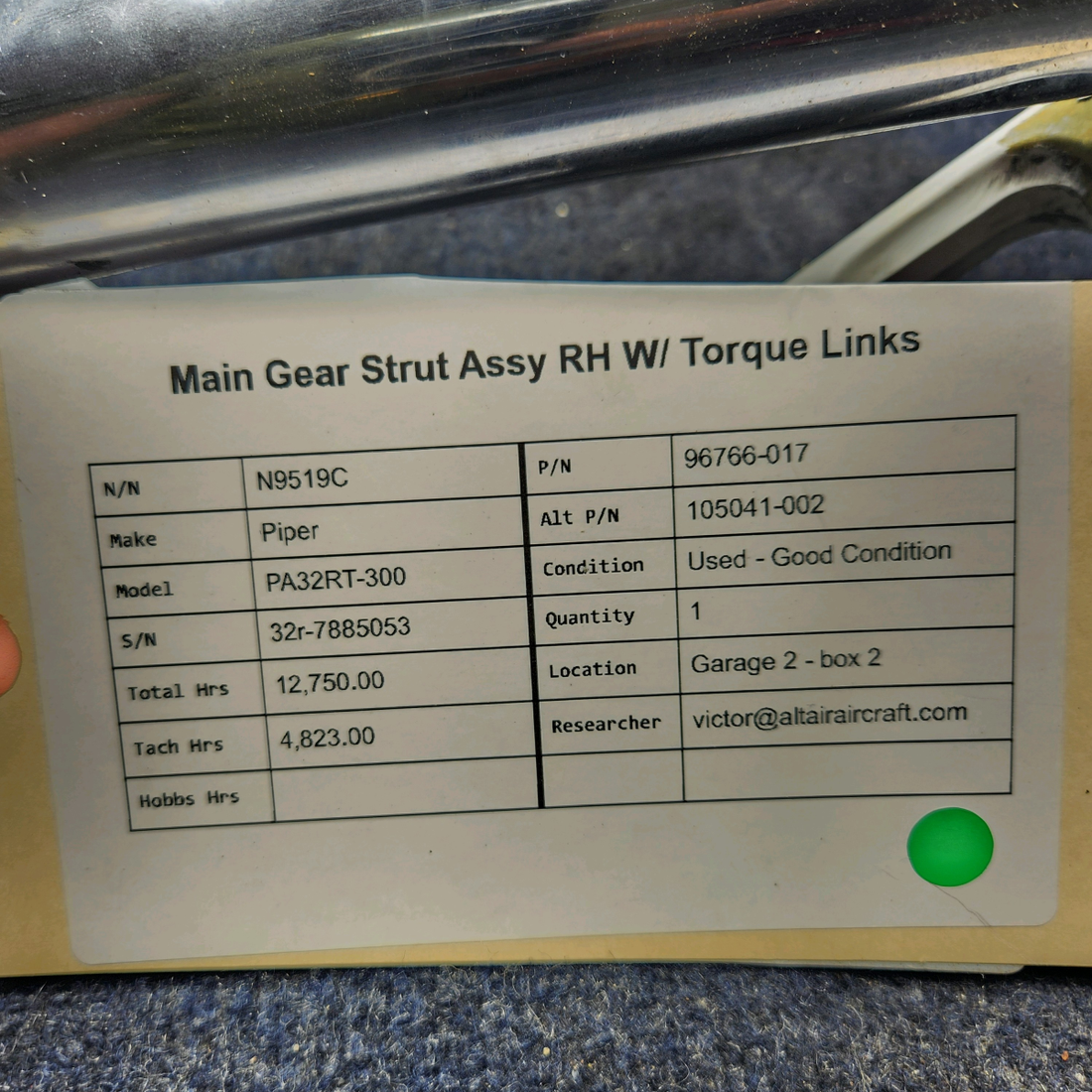 Used aircraft parts for sale, 96766-017 Piper PA32RT-300 MAIN GEAR STRUT ASSY RH W/ TORQUE LINKS