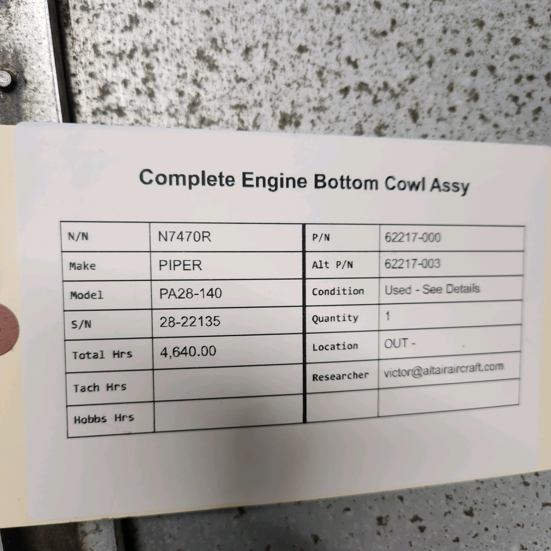 Used aircraft parts for sale, 62217-000 PIPER PA28-140 COMPLETE ENGINE BOTTOM COWL ASSY