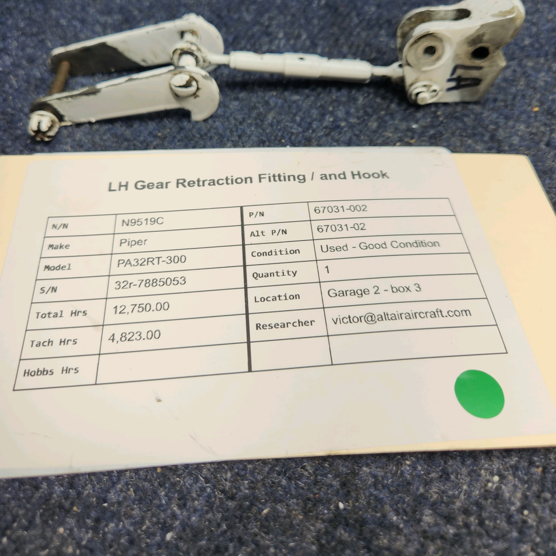 Used aircraft parts for sale, 67031-002 Piper PA32RT-300 LH GEAR RETRACTION FITTING / AND HOOK