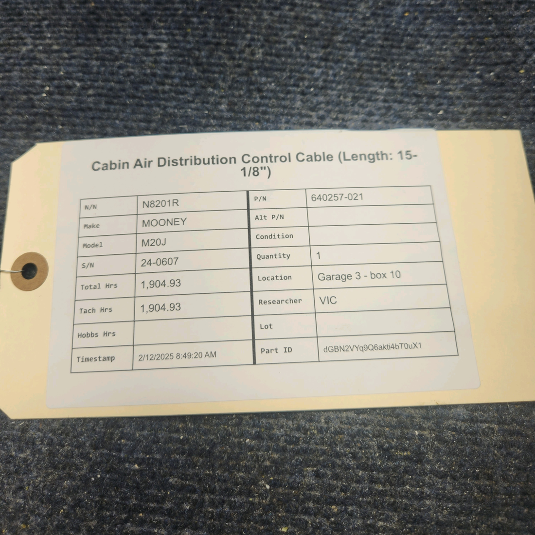 Used aircraft parts for sale, 640257-021 Mooney M20J CABIN AIR DISTRIBUTION CONTROL CABLE (LENGTH: 15-1/8")