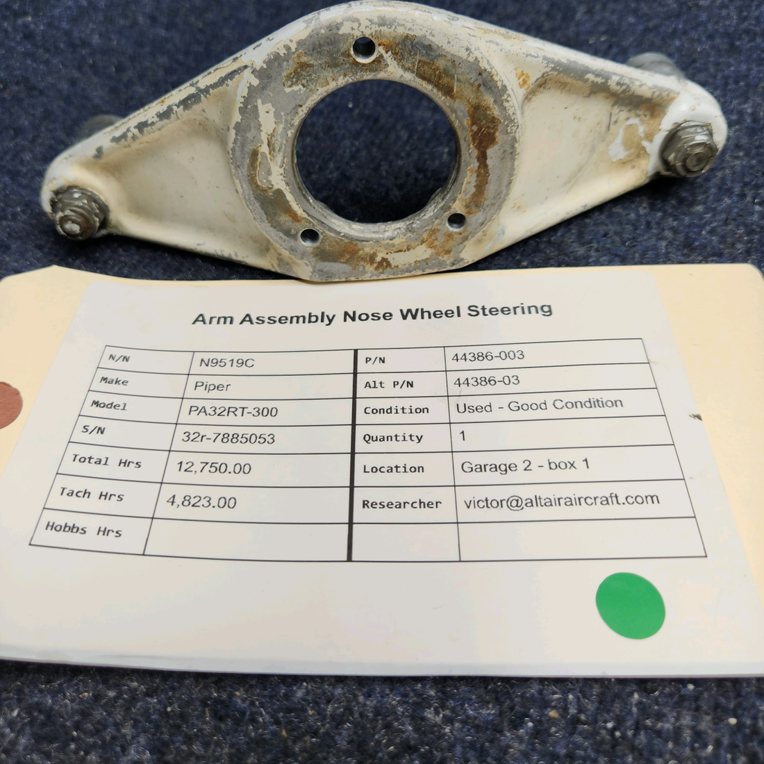 Used aircraft parts for sale, 44386-003 Piper PA32RT-300 ARM ASSEMBLY NOSE WHEEL STEERING