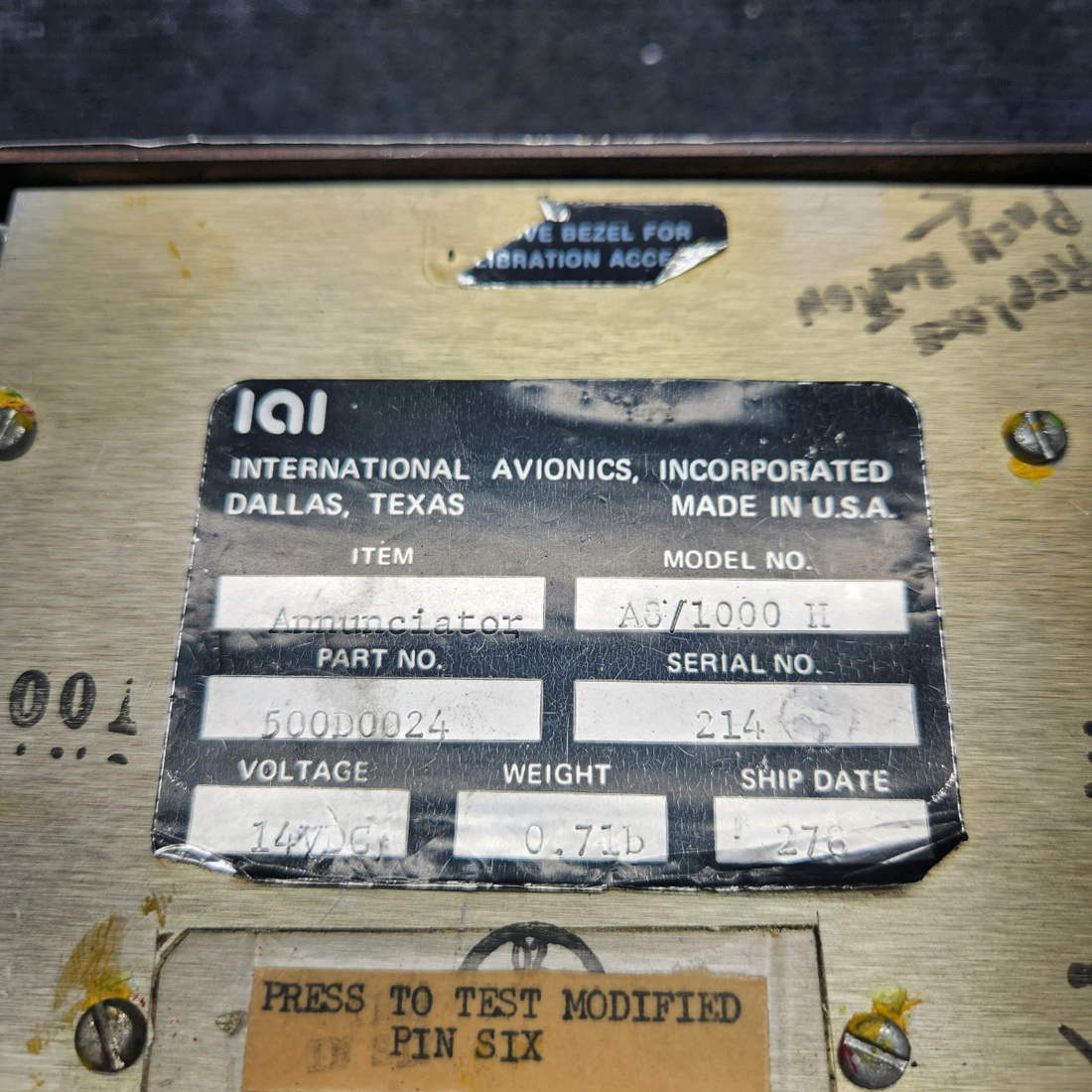 Used aircraft parts for sale, 500D0024-001 International Avionics A8-1000 MOONEY M20J - Year 1978 ANNUNCIATOR (14V)