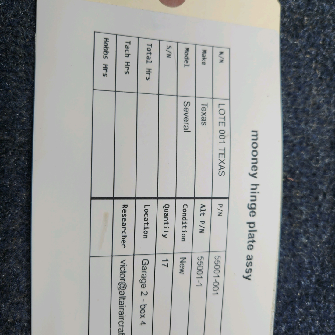 Used aircraft parts for sale, 55001-001 Texas Several MOONEY HINGE PLATE ASSY