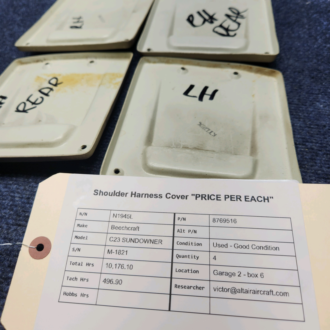 Used aircraft parts for sale, 8769516 Beechcraft C23 SUNDOWNER SHOULDER HARNESS COVER "PRICE PER EACH"