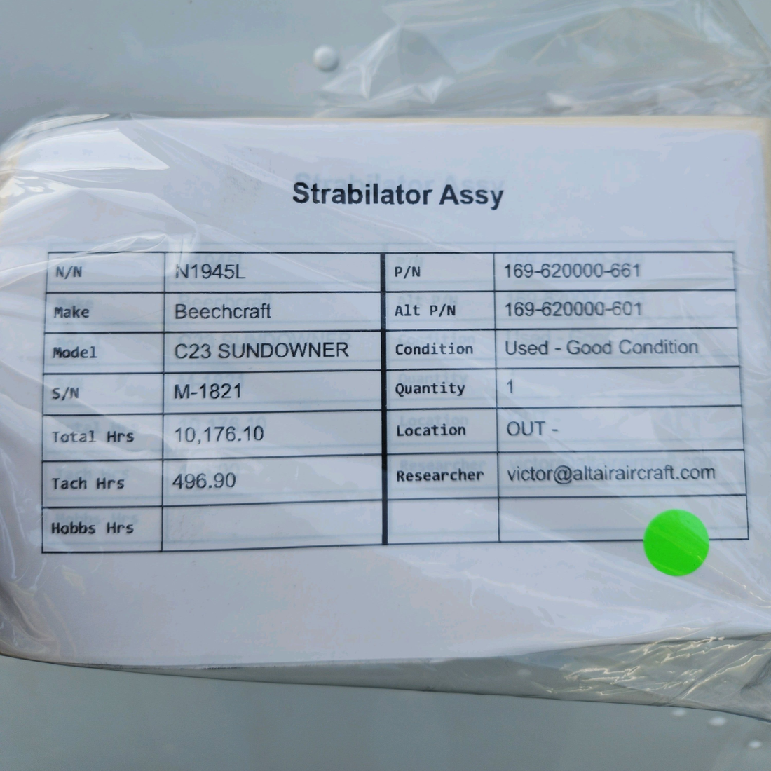 Used aircraft parts for sale, 169-620000-661 Beechcraft C23 SUNDOWNER STRABILATOR ASSY