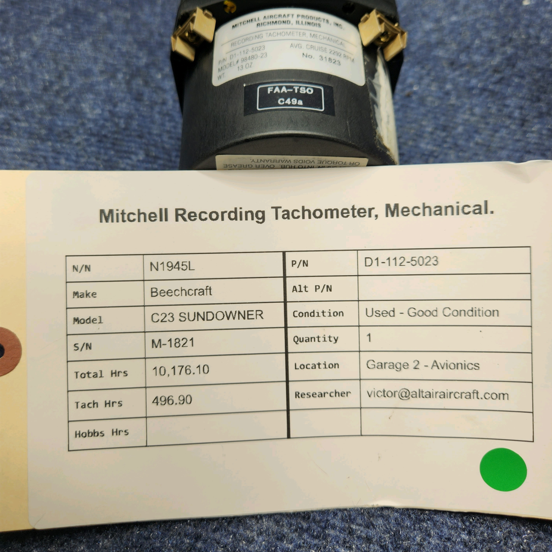 Used aircraft parts for sale, D1-112-5023 Beechcraft C23 SUNDOWNER MITCHELL RECORDING TACHOMETER, MECHANICAL.