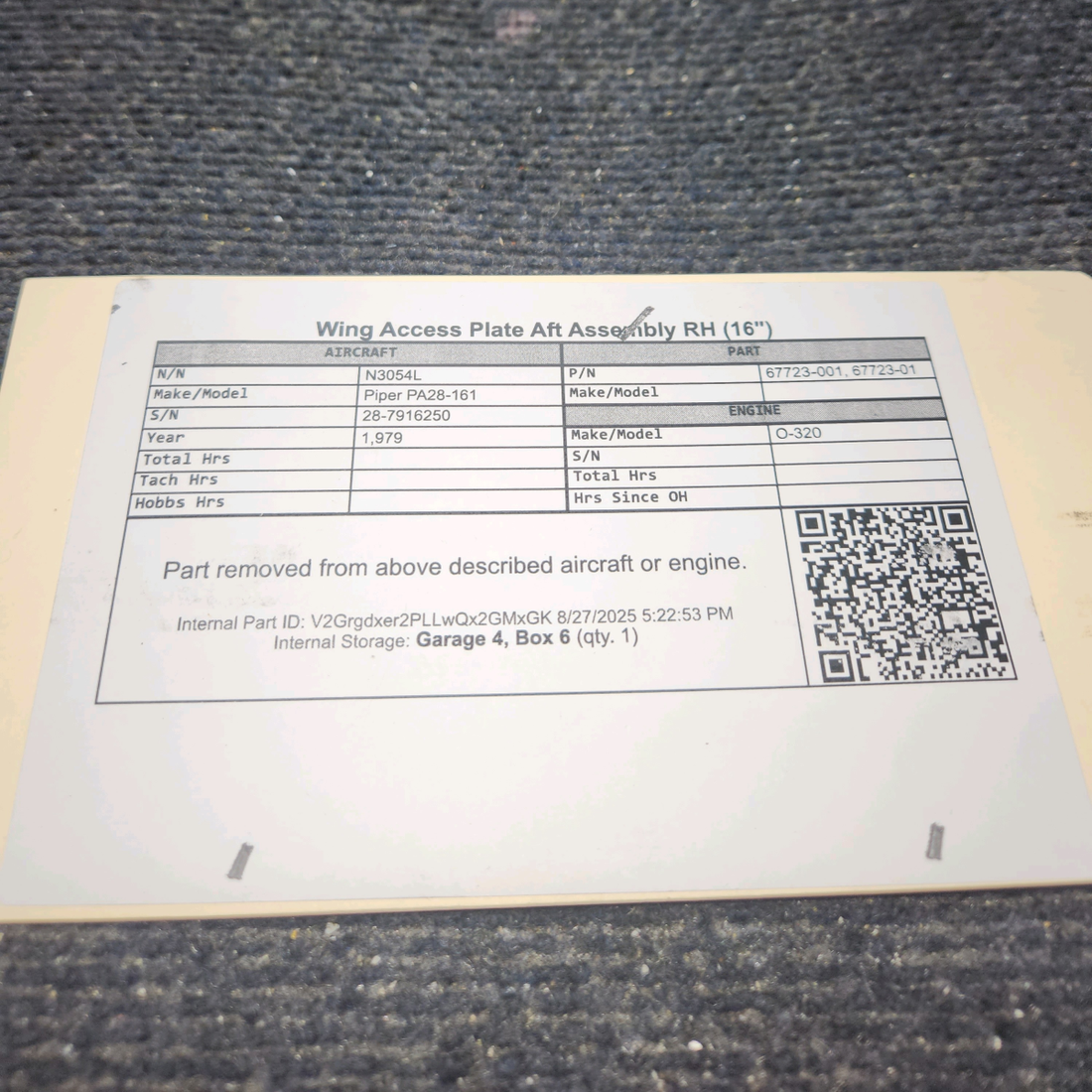 Used aircraft parts for sale, 67723-001 Piper PA28-161 Wing Access Plate Aft Assembly RH (16")