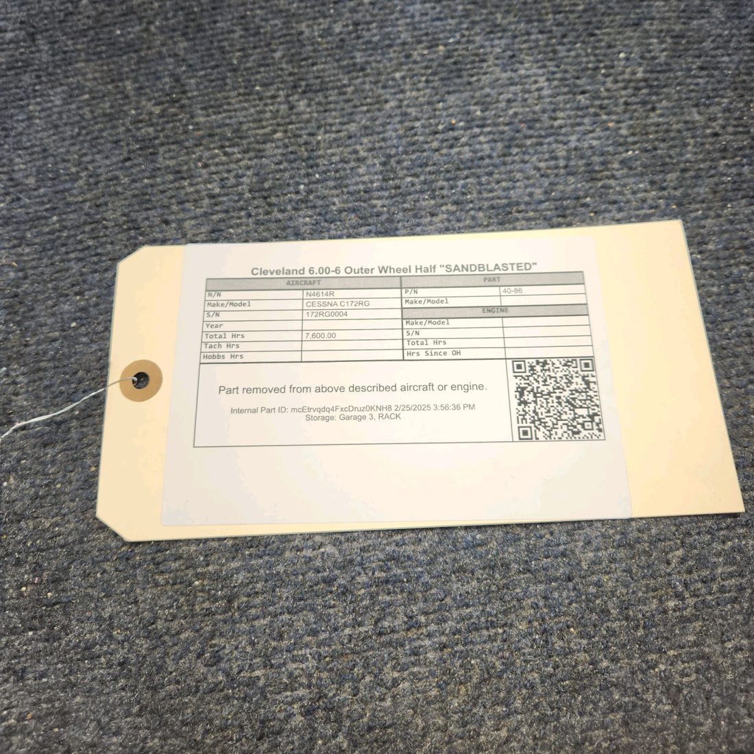 Used aircraft parts for sale, 40-86 Cleveland CESSNA C172RG 6.00-6 OUTER WHEEL HALF "SANDBLASTED"