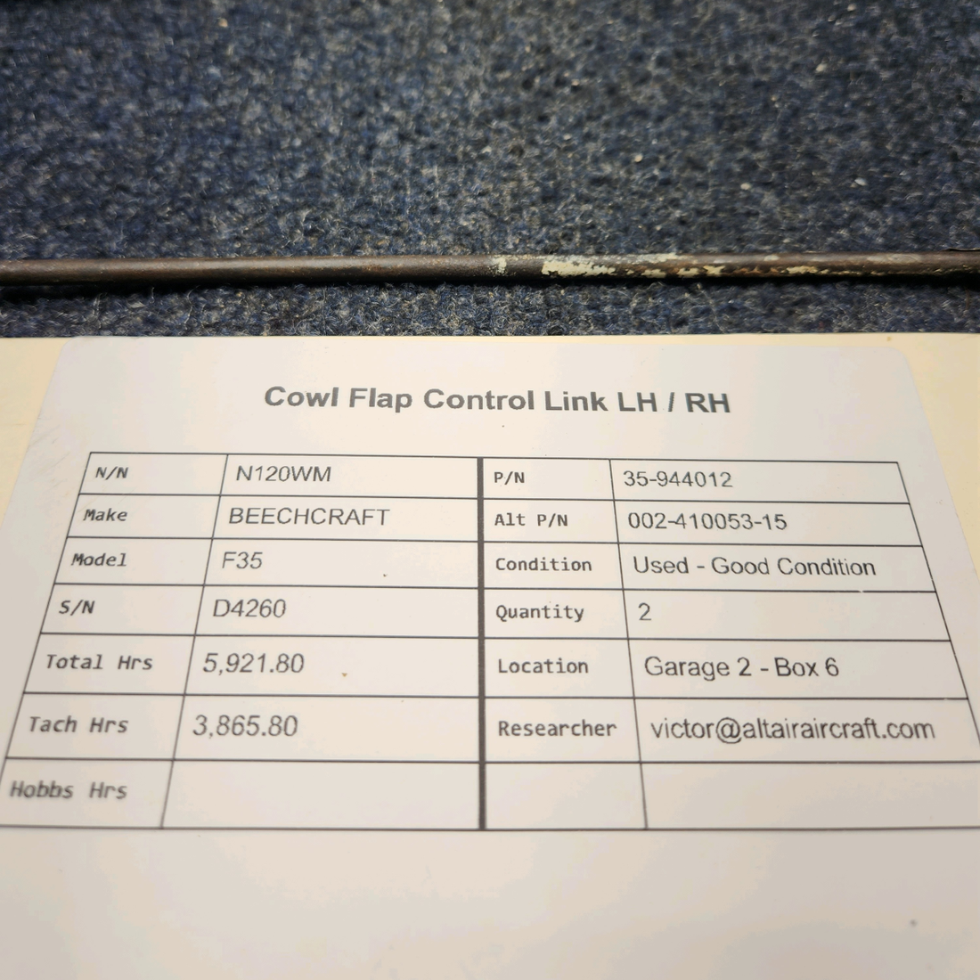 Used aircraft parts for sale, 35-944012 BEECHCRAFT F35 COWL FLAP CONTROL LINK LH / RH PRICE PER EACH.