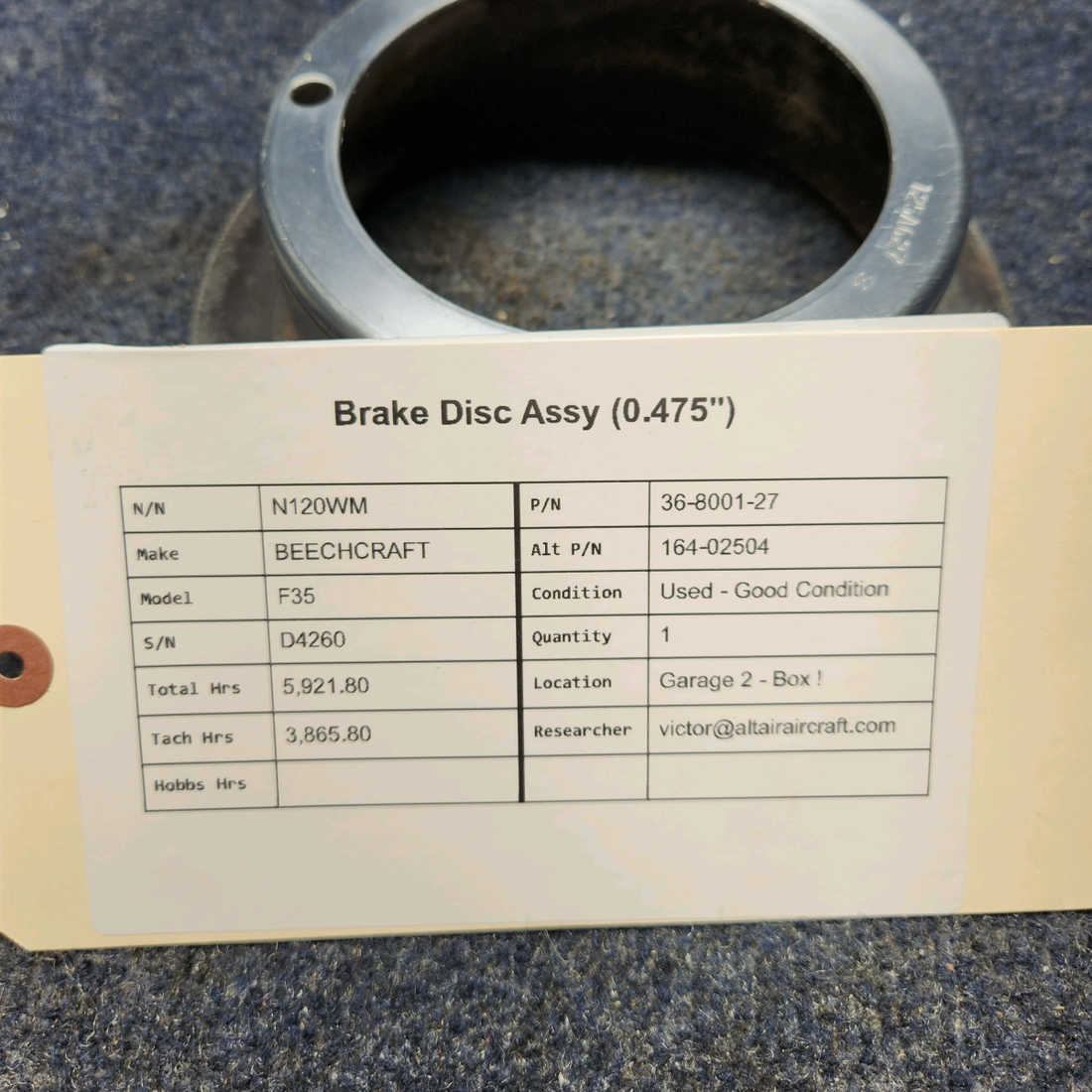 Used aircraft parts for sale, 36-8001-27 BEECHCRAFT F35 BRAKE DISC ASSY (0.475")