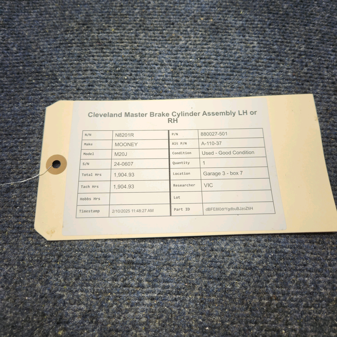 Used aircraft parts for sale, 880027-501 Cleveland A-110-37 Mooney M20J MASTER BRAKE CYLINDER ASSEMBLY LH OR RH