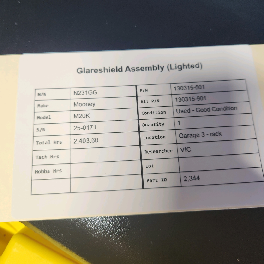 Used aircraft parts for sale, 130315-501 Mooney M20K GLARESHIELD ASSEMBLY (LIGHTED)