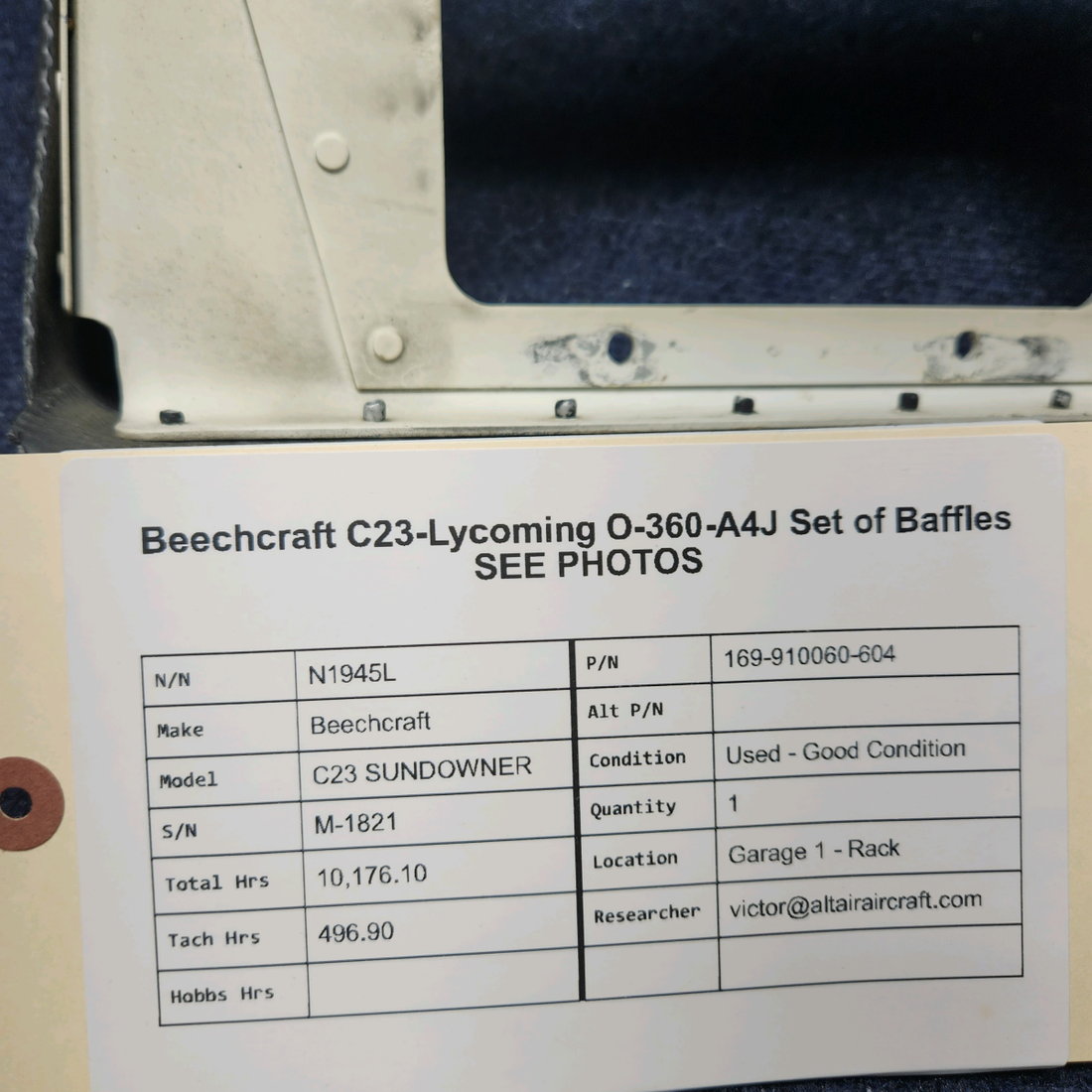 Used aircraft parts for sale, 169-910060-604 Beechcraft C23 SUNDOWNER BEECHCRAFT C23 LYCOMING O-360-A4J SET OF BAFFLES SEE PHOTOS