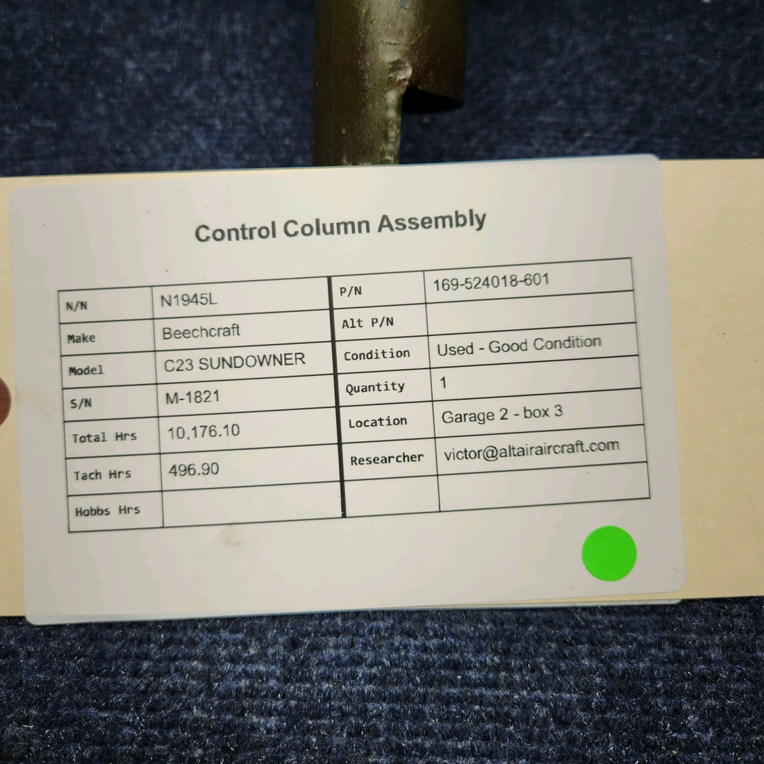 Used aircraft parts for sale, 169-524018-601 Beechcraft C23 SUNDOWNER CONTROL COLUMN ASSEMBLY