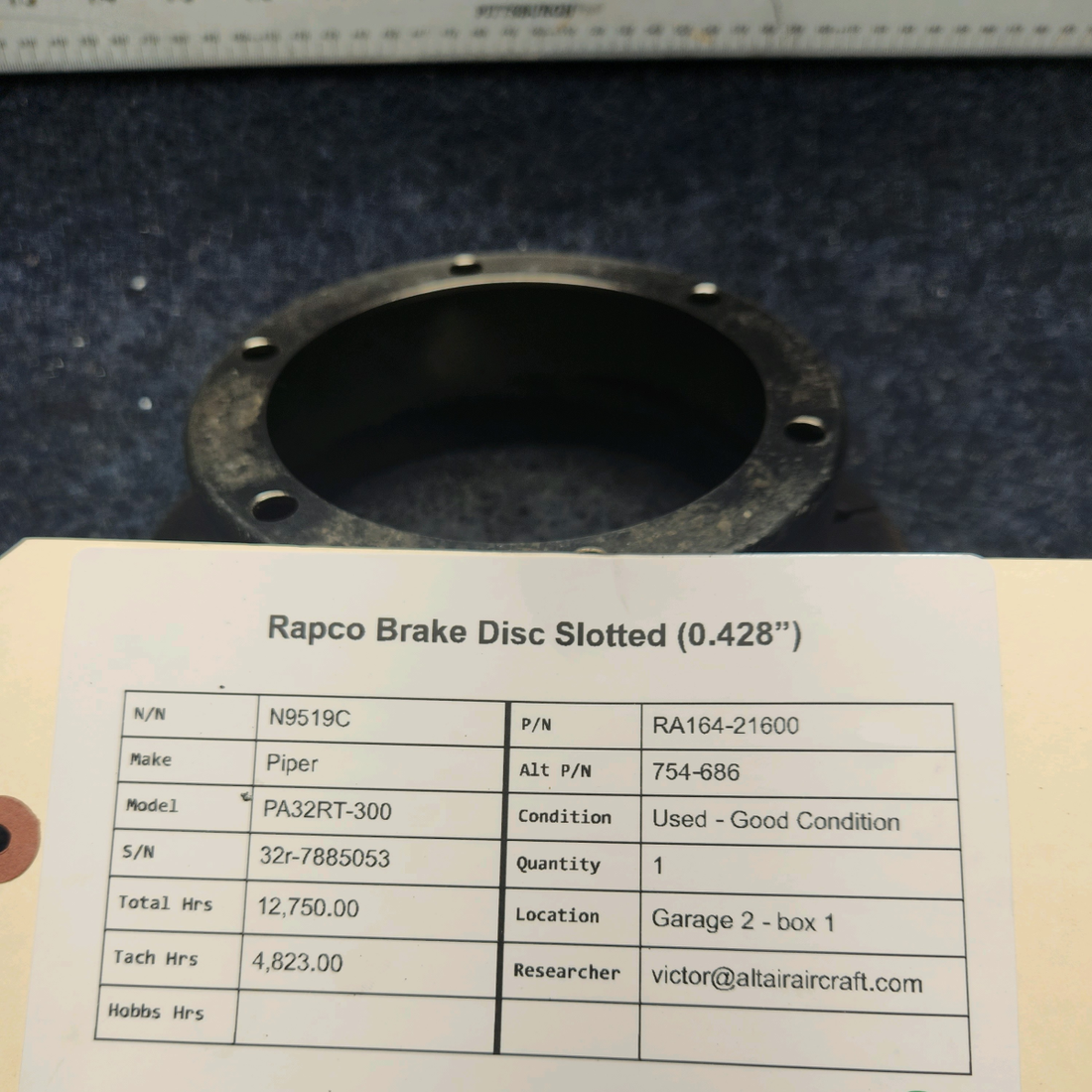 Used aircraft parts for sale, RA164-21600 Piper PA32RT-300 RAPCO BRAKE DISC SLOTTED (0.428”)