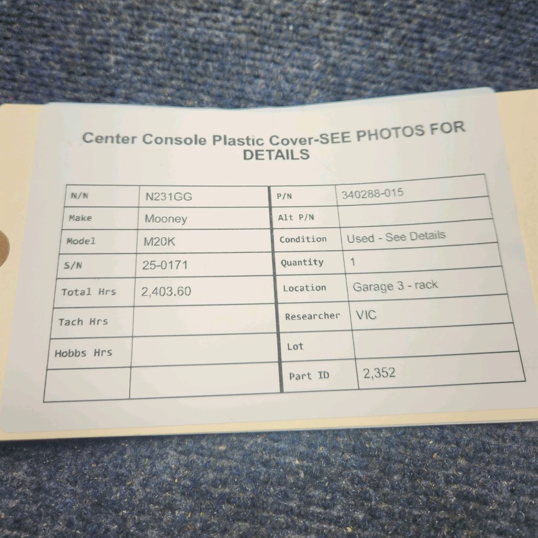 Used aircraft parts for sale, 340288-015 Mooney M20K CENTER CONSOLE PLASTIC COVER-SEE PHOTOS FOR DETAILS