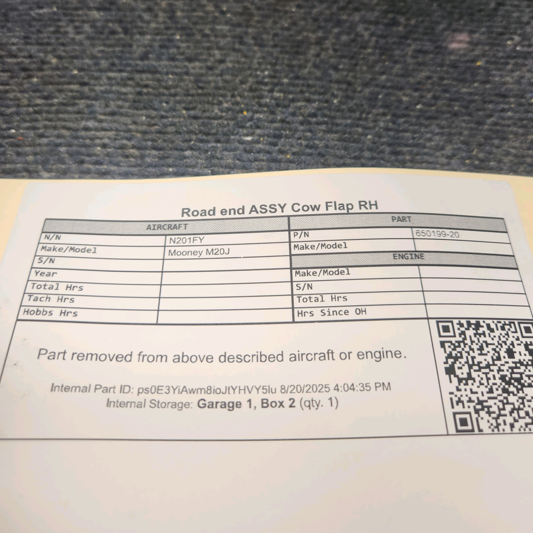 Used aircraft parts for sale, 650199-20 Mooney M20J Rod End Assembly Cowl Flap - RH