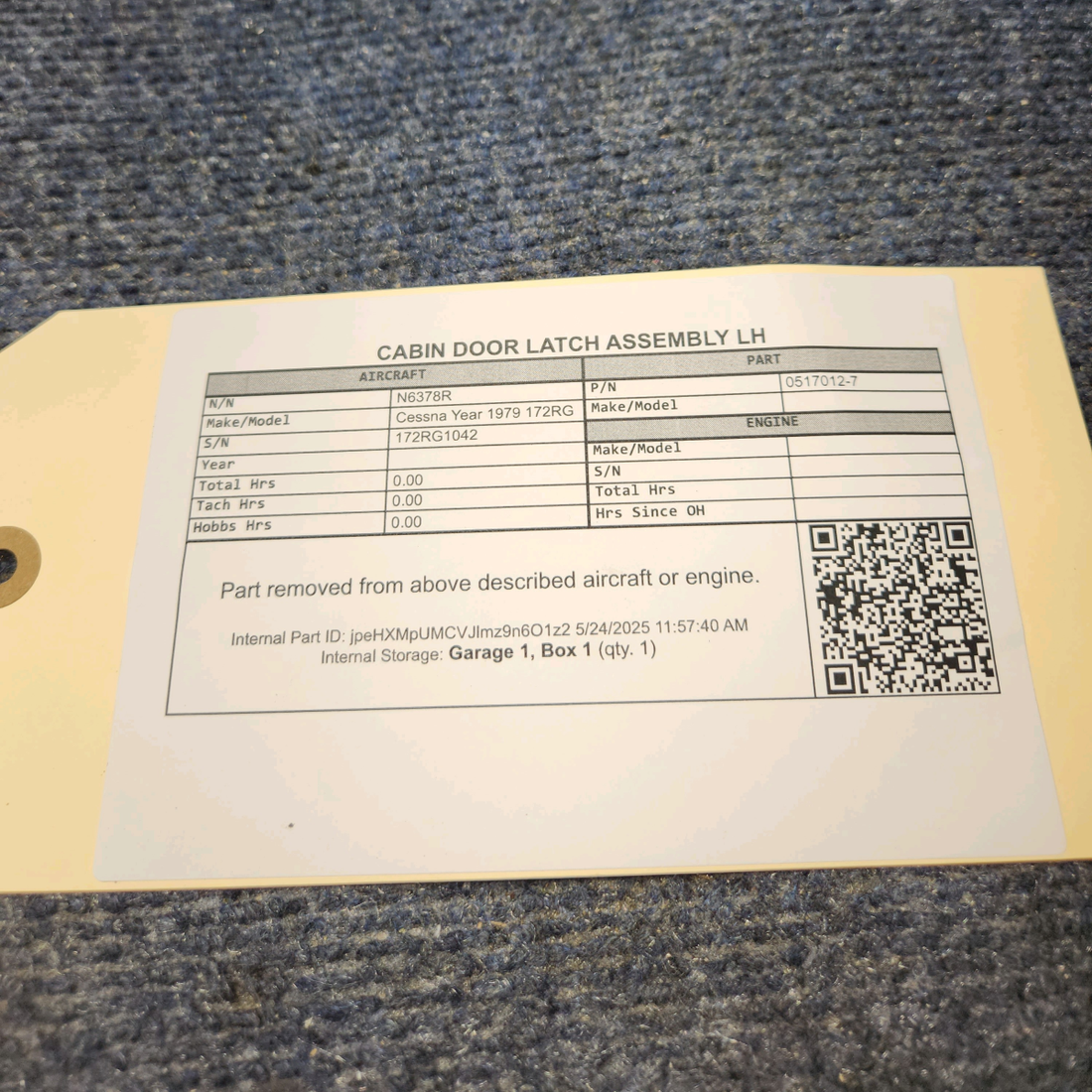 Used aircraft parts for sale, 0517012-7 Cessna 172RG CABIN DOOR LATCH ASSEMBLY LH