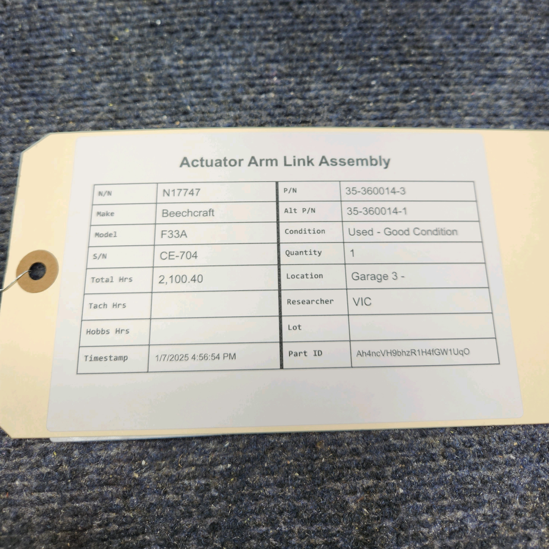Used aircraft parts for sale, 35-360014-3 Beechcraft F33A ACTUATOR ARM LINK ASSEMBLY