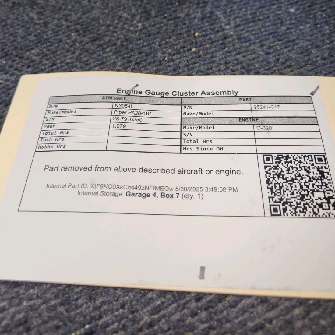 Used aircraft parts for sale, 95241-017 Piper PA28-161 Engine Gauge Cluster Assembly
