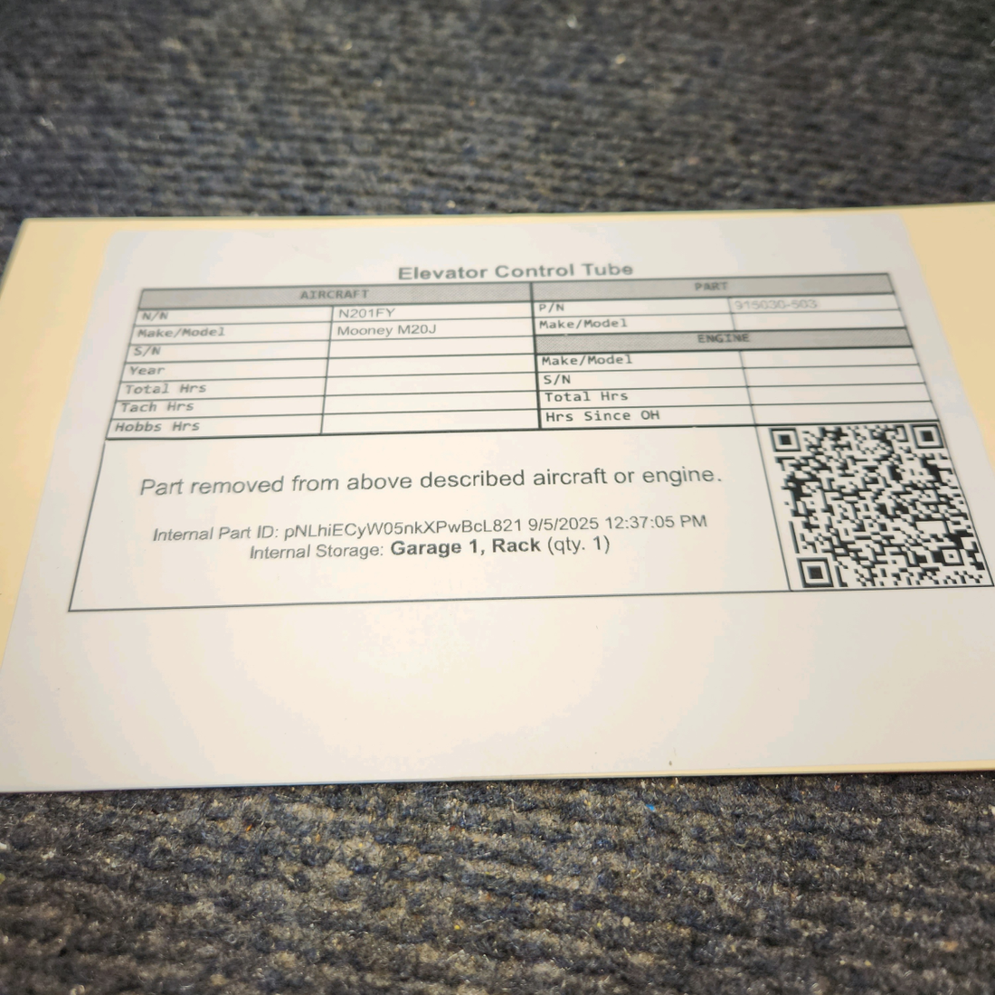 Used aircraft parts for sale, 915030-503 Mooney M20J Elevator Control Tube