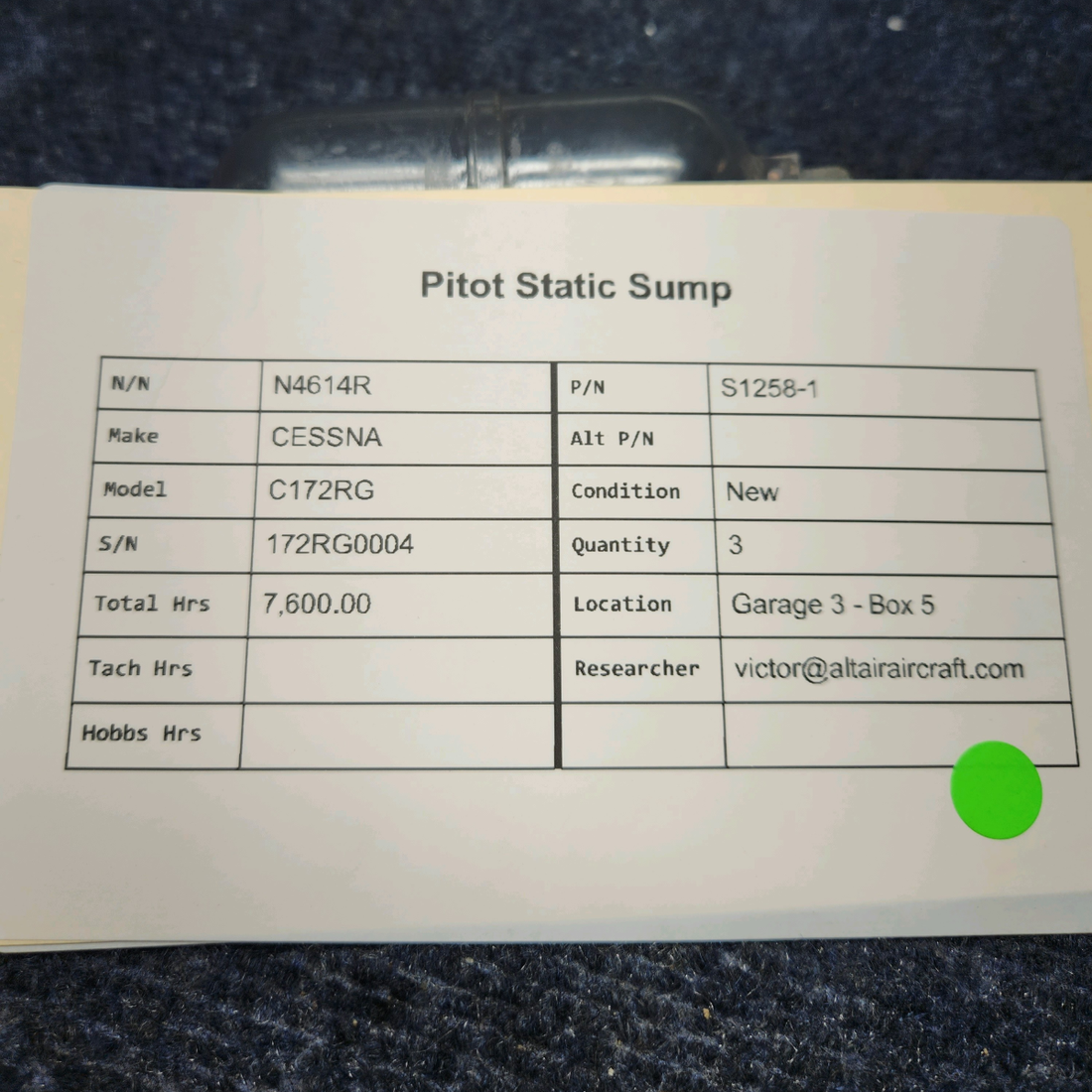 Used aircraft parts for sale, S1258-1 CESSNA C172RG PITOT STATIC SUMP "PRICE PER EACH"
