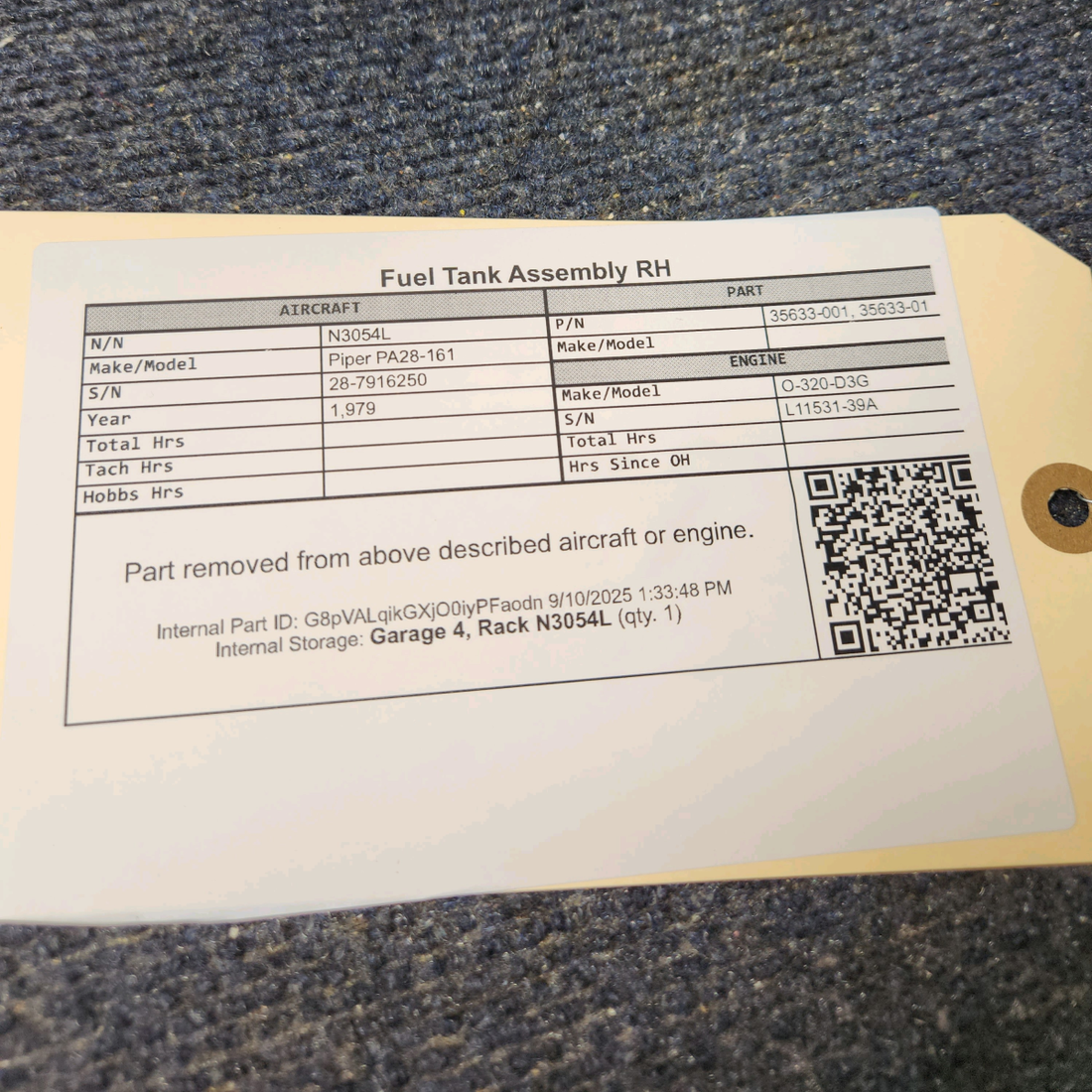 Used aircraft parts for sale, 35633-001 Piper PA28-161 Fuel Tank Assembly - RH