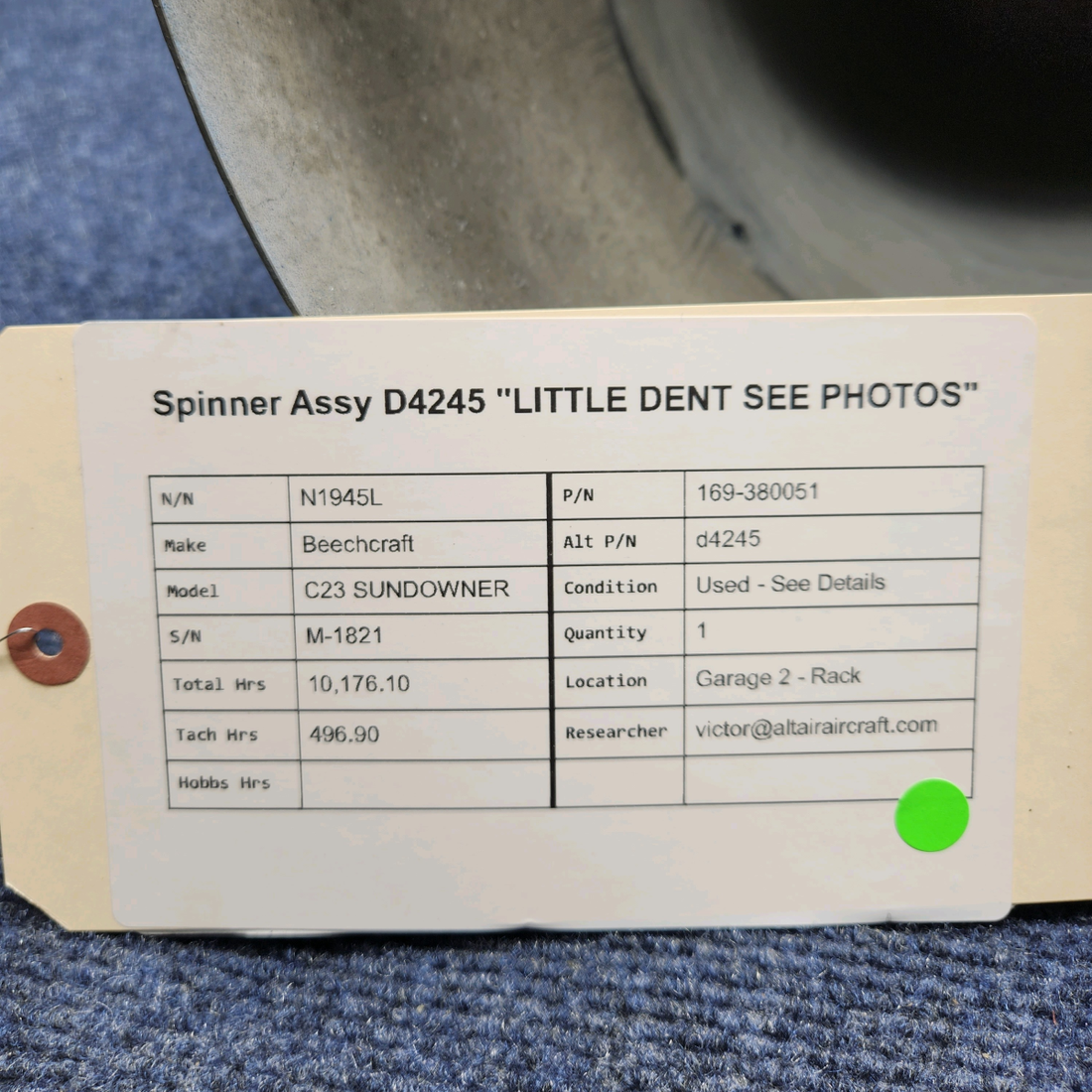 Used aircraft parts for sale, 169-380051 Beechcraft C23 SUNDOWNER SPINNER ASSY D4245 LITTLE DENT SEE PHOTOS