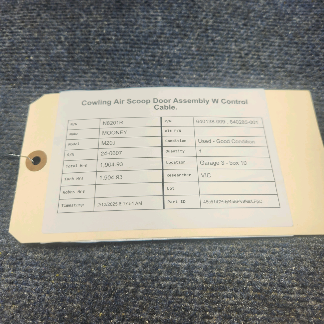 Used aircraft parts for sale, 640138-009 , 640285-001 Mooney M20J COWLING AIR SCOOP DOOR ASSEMBLY W CONTROL CABLE.