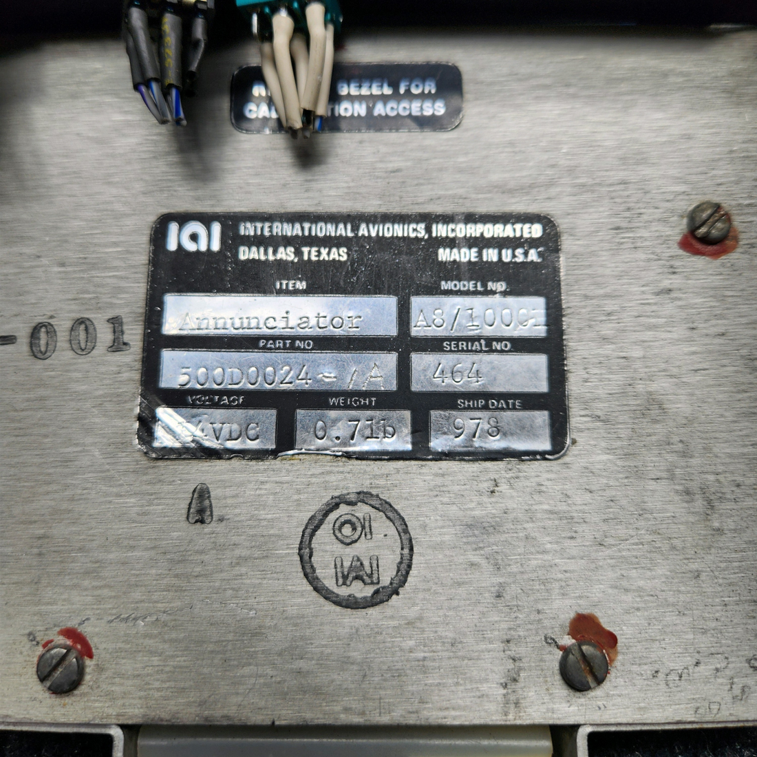 Used aircraft parts for sale, 500D0024 Mooney M20J INTERNATIONAL AVIONICS, INC. ANNUNCIATOR P/N: 500D0061