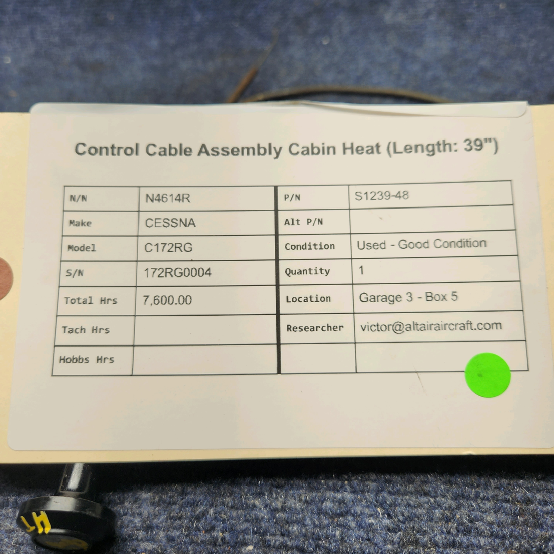 Used aircraft parts for sale, S1239-48 CESSNA C172RG CONTROL CABLE ASSEMBLY CABIN HEAT LENGTH: 39"