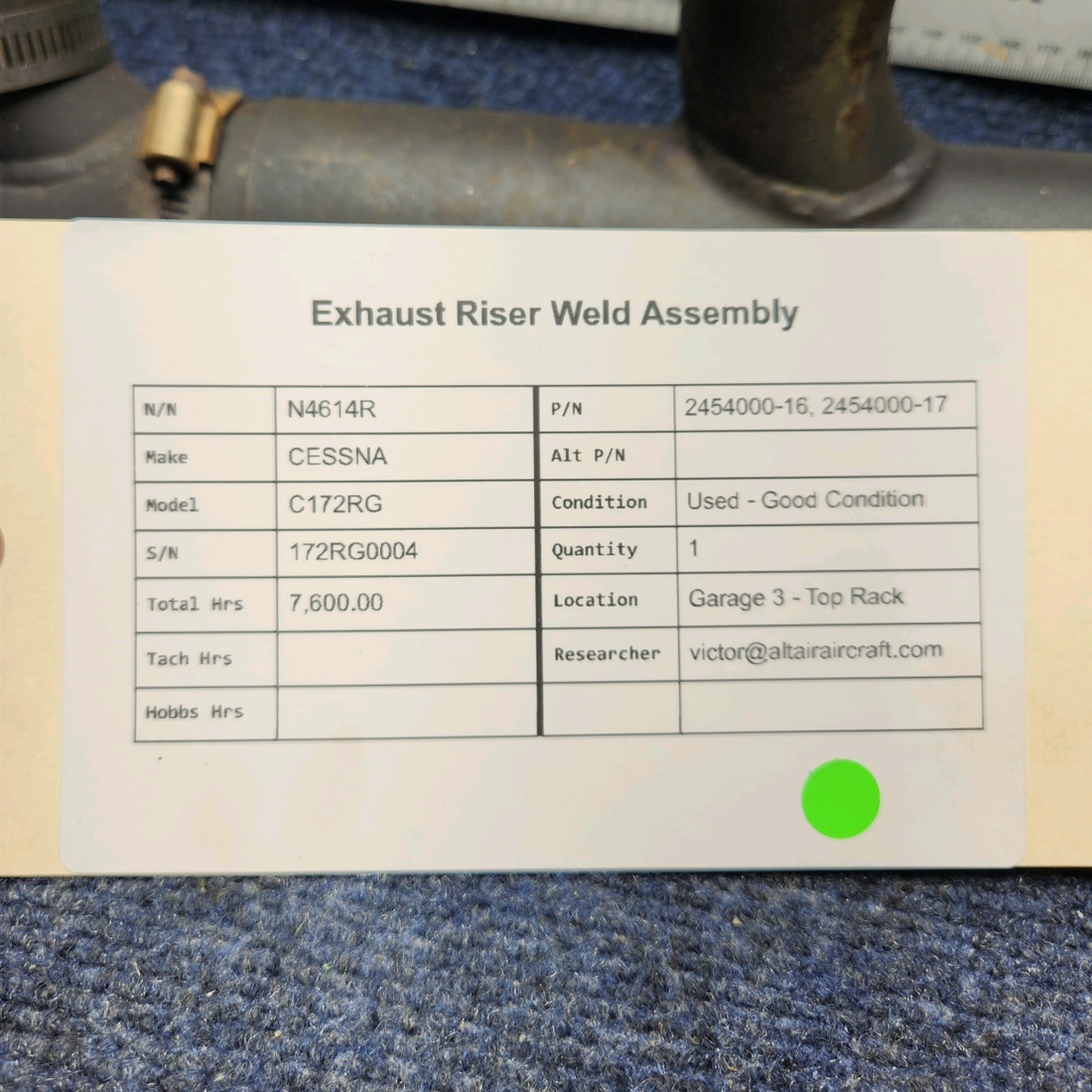 Used aircraft parts for sale, 2454000-16, 2454000-17 CESSNA C172RG EXHAUST RISER WELD ASSEMBLY