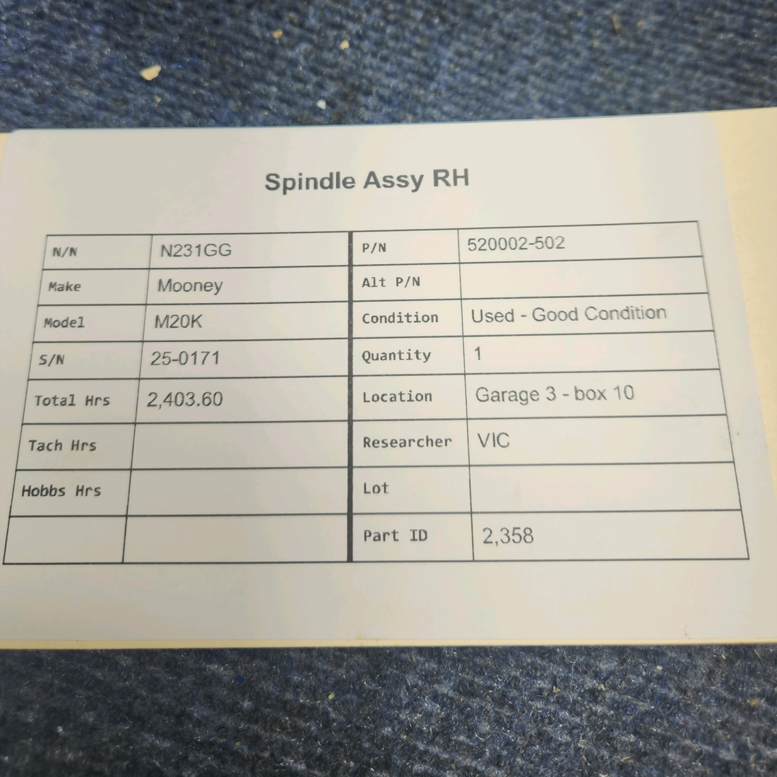 Used aircraft parts for sale, 520002-502 Mooney M20K SPINDLE ASSY RH
