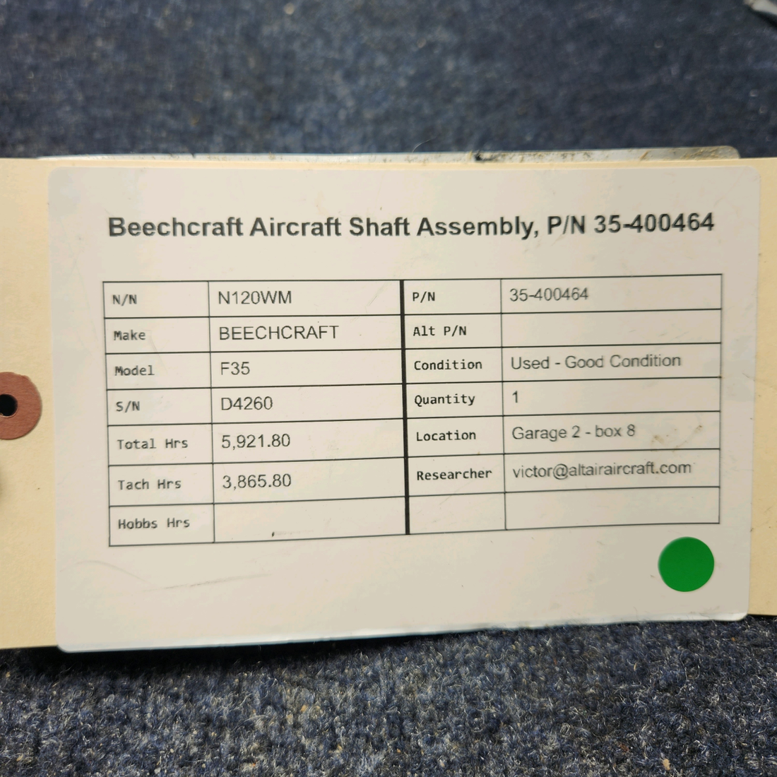 Used aircraft parts for sale, 35-400464 BEECHCRAFT F35 BEECHCRAFT AIRCRAFT SHAFT ASSEMBLY, P/N 35-400464