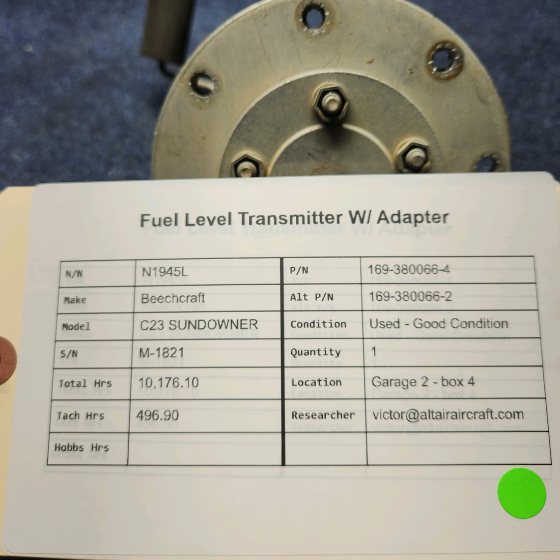 Used aircraft parts for sale, 169-380066-4 Beechcraft C23 SUNDOWNER FUEL LEVEL TRANSMITTER W/ ADAPTER