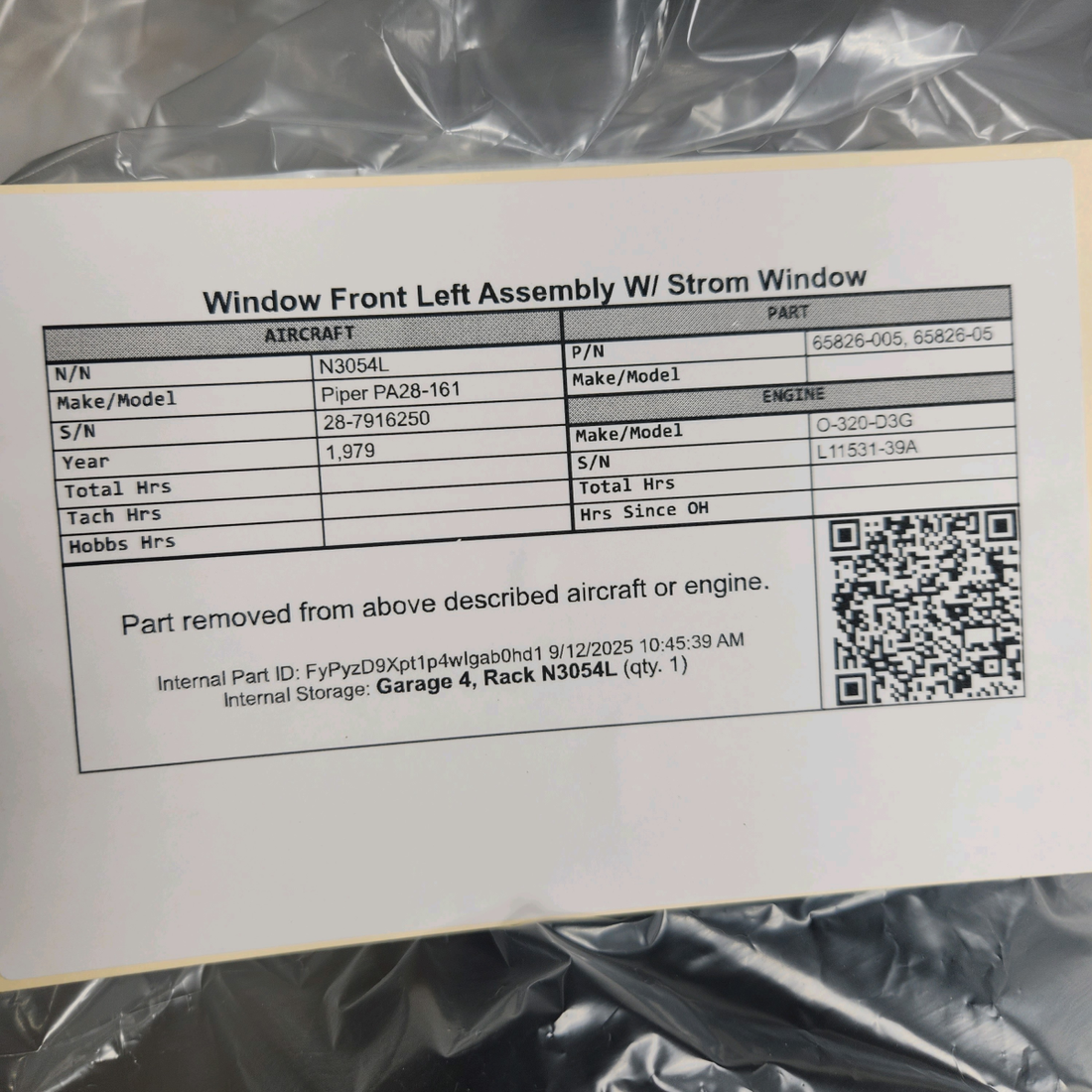Used aircraft parts for sale, 65826-005 Piper PA28-161 Window Front Left Assembly with Storm Window
