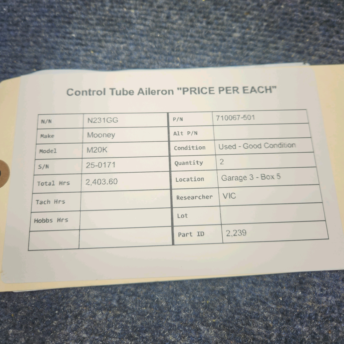 Used aircraft parts for sale, 710067-501 Mooney M20K CONTROL TUBE AILERON "PRICE PER EACH"