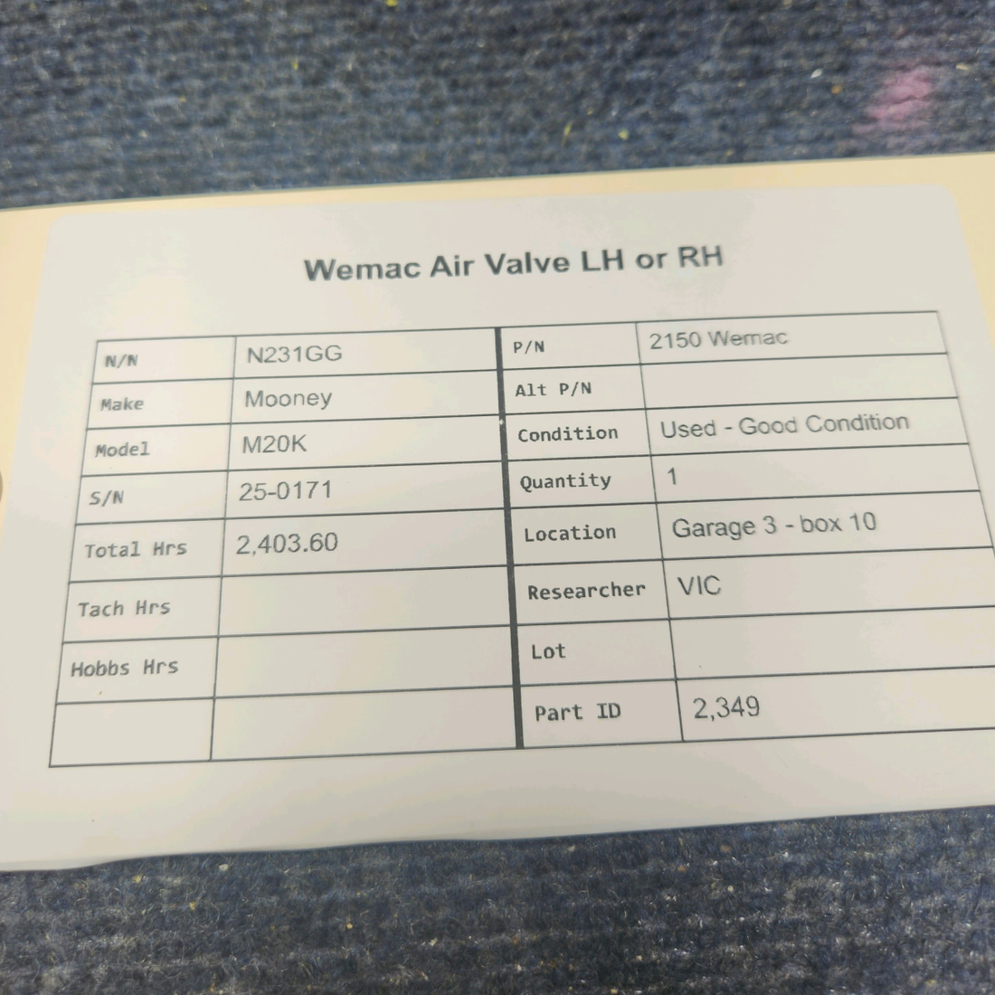 Used aircraft parts for sale, 2150 Wemac Mooney M20K WEMAC AIR VALVE LH OR RH