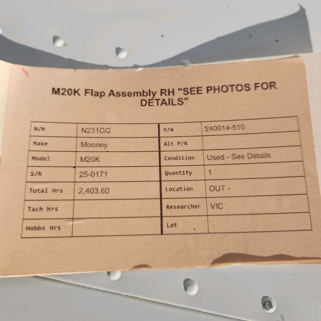 Used aircraft parts for sale, 240014-510 Mooney M20K FLAP ASSEMBLY RH "SEE PHOTOS FOR DETAILS"